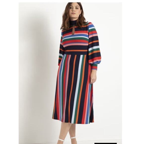 Eloquii Rainbow Striped A-line Midi Dress Puff Long Sleeve Artsy Plus 16 NEW - Picture 3 of 9